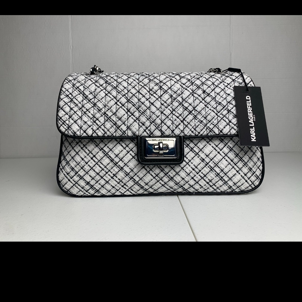Large Karl Lagerfeld Paris Black and White Quilted Tweed Women's Bag